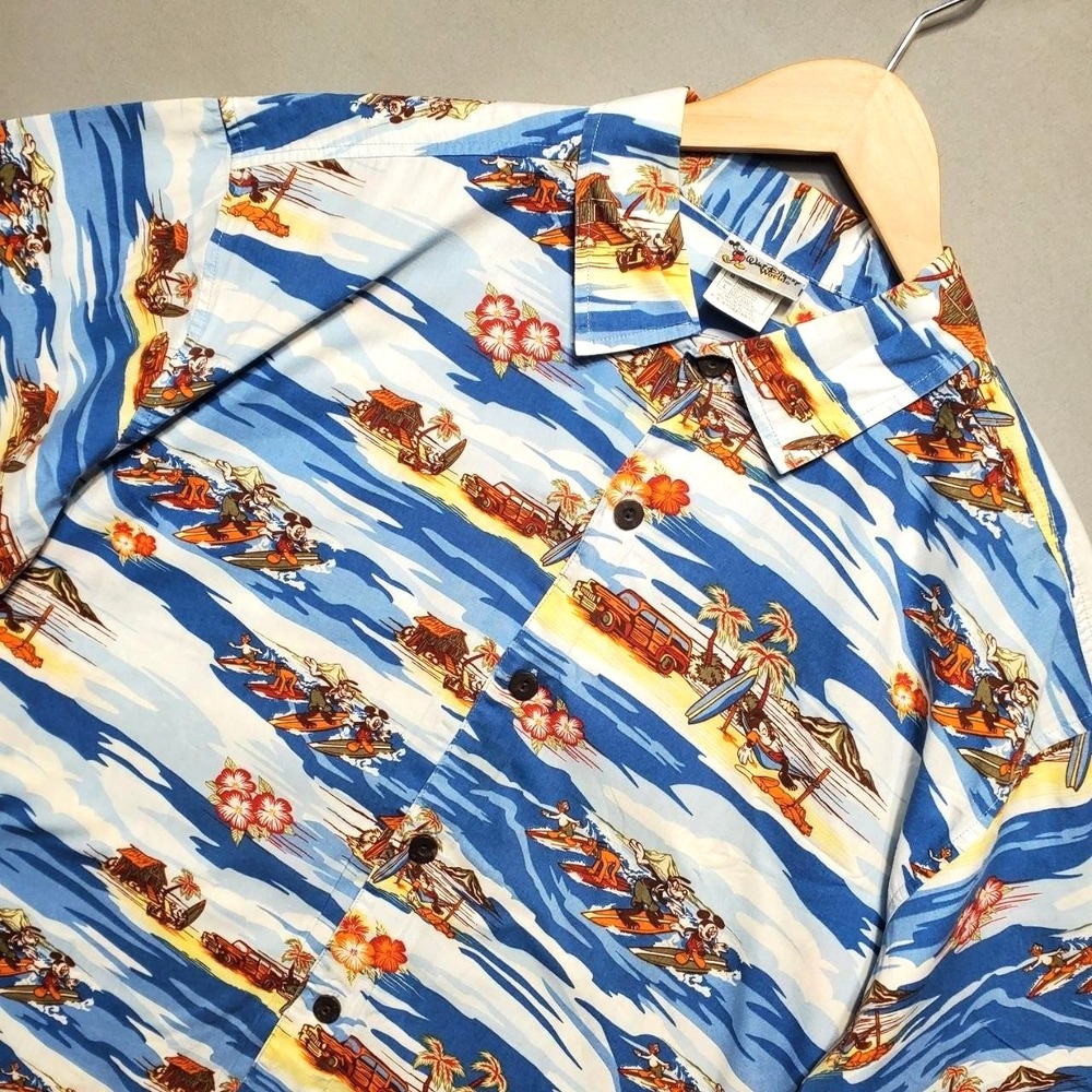 VTG Walt Disney World Hawaiian Shirt Mens L Blue Mickey Surf Tropical Button Up